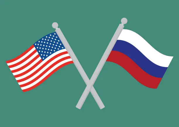 Vector illustration of USA vs Russia. Flag of United States of America and Russia on flagpole