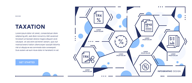 Navigate the fiscal landscape with this dynamic Taxation Infographic Web Banner. Explore key elements of tax planning, regulations, and financial insights in a visually engaging format. Customize icons to align with your content and elevate your online presence with this modern and versatile banner, showcasing the expertise and opportunities of your taxation services.
