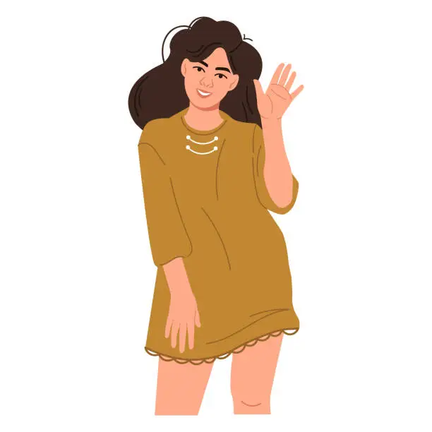 Vector illustration of A beautiful smiling girl in a dress stands and waves her hand. Greeting