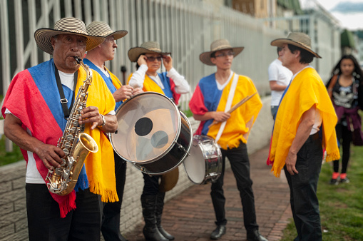 Bogota . Colombia 4 de Octubre 2015:Traveling musician with a saxophone ,Papayera band