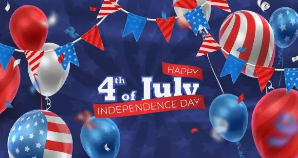 Vector illustration of Banner with realistic balloons in American, USA colors, flags blue stars. Happy Independence day, 4th of July. Vector illustration for card, party, flyer, poster, banner, web, advertising.