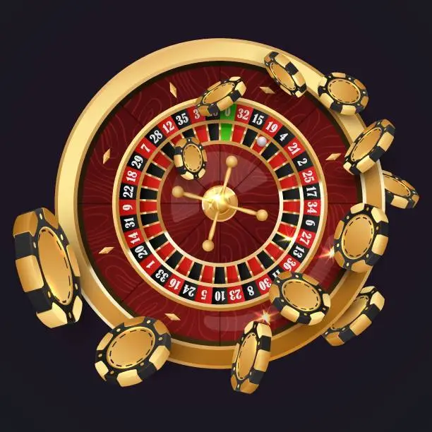 Vector illustration of Twist black poker chips, tokens on  golden casino roulette wheel on black background. Vector illustration for casino, game design, advertising
