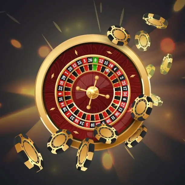 Vector illustration of Falling gold poker chips, tokens with golden casino roulette wheel on black background with golden light, rays, glare, sparkles. Vector illustration for casino, game design, advertising