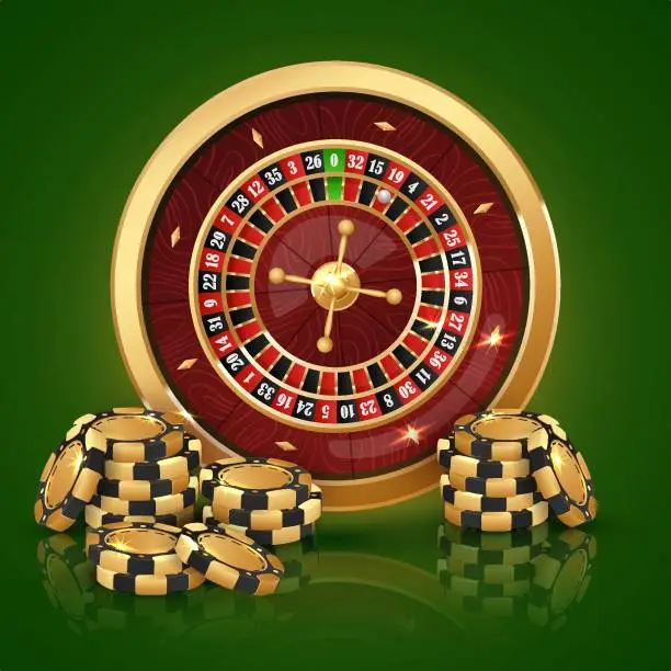 Vector illustration of Stack of black with gold poker chips, tokens with golden casino roulette wheel on green background with reflection. Vector illustration for casino, game design, advertising