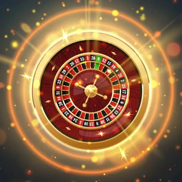 Vector illustration of Golden casino roulette wheel with wood desk and cells on black background with golden circles light, rays, glare, sparkles. Vector illustration for casino, game design, advertising