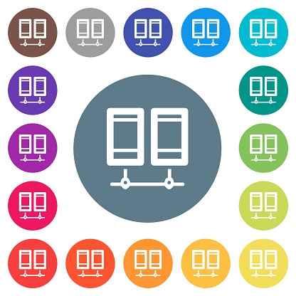 Network servers outline flat white icons on round color backgrounds. 17 background color variations are included.