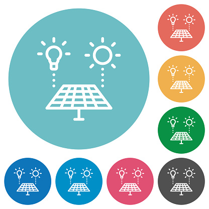Solar energy recycling flat white icons on round color backgrounds