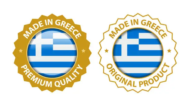 Vector illustration of Made in Greece. Vector Premium Quality and Original Product Stamp. Glossy Icon with National Flag. Seal Template