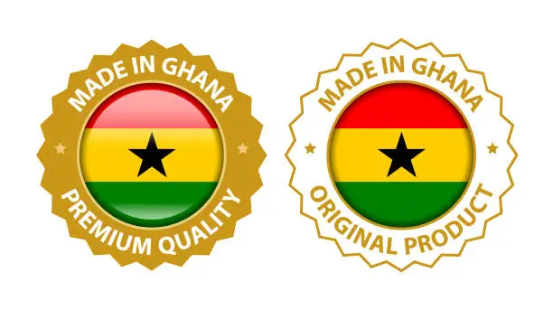 Vector illustration of Made in Ghana. Vector Premium Quality and Original Product Stamp. Glossy Icon with National Flag. Seal Template