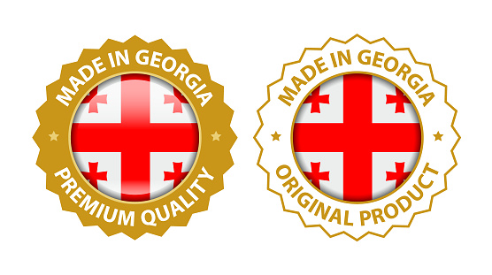 Made in Georgia. Vector Premium Quality and Original Product Stamp. Glossy Icon with National Flag. Seal Template