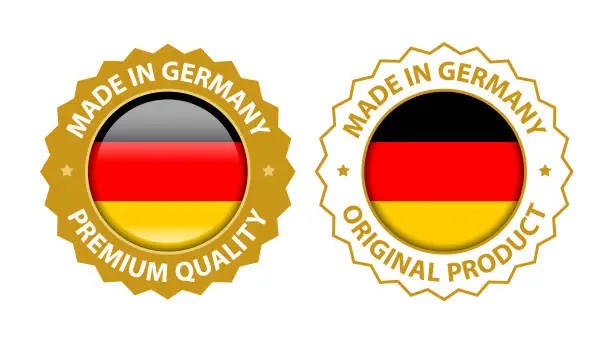 Vector illustration of Made in Germany. Vector Premium Quality and Original Product Stamp. Glossy Icon with National Flag. Seal Template