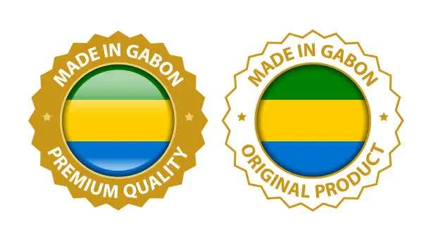 Vector illustration of Made in Gabon. Vector Premium Quality and Original Product Stamp. Glossy Icon with National Flag. Seal Template