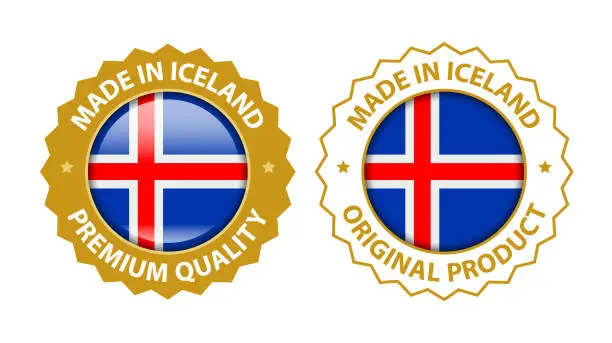 Vector illustration of Made in Iceland. Vector Premium Quality and Original Product Stamp. Glossy Icon with National Flag. Seal Template