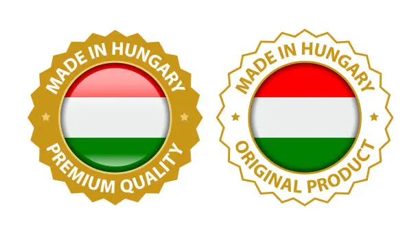 Vector illustration of Made in Hungary. Vector Premium Quality and Original Product Stamp. Glossy Icon with National Flag. Seal Template