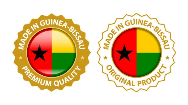 Vector illustration of Made in Guinea-Bissau. Vector Premium Quality and Original Product Stamp. Glossy Icon with National Flag. Seal Template