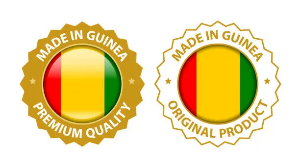 Vector illustration of Made in Guinea. Vector Premium Quality and Original Product Stamp. Glossy Icon with National Flag. Seal Template