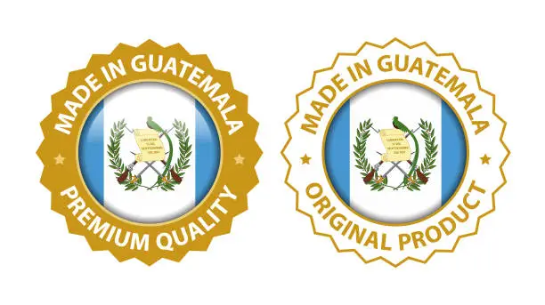 Vector illustration of Made in Guatemala. Vector Premium Quality and Original Product Stamp. Glossy Icon with National Flag. Seal Template