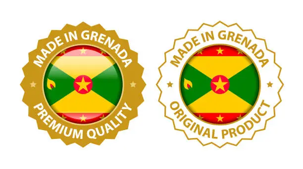 Vector illustration of Made in Grenada. Vector Premium Quality and Original Product Stamp. Glossy Icon with National Flag. Seal Template