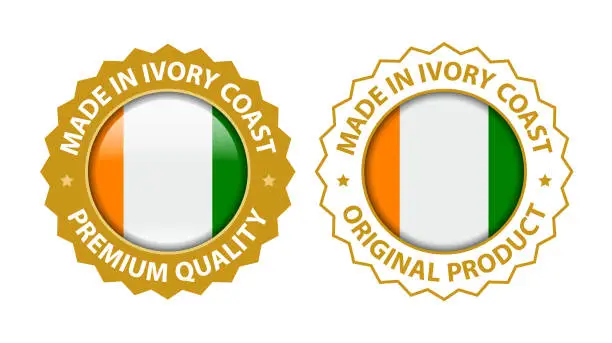 Vector illustration of Made in Ivory Coast. Vector Premium Quality and Original Product Stamp. Glossy Icon with National Flag. Seal Template