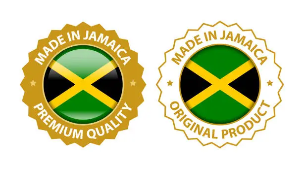 Vector illustration of Made in Jamaica. Vector Premium Quality and Original Product Stamp. Glossy Icon with National Flag. Seal Template