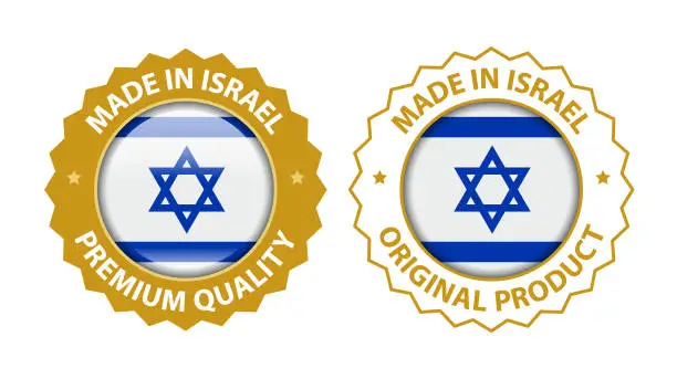 Vector illustration of Made in Israel. Vector Premium Quality and Original Product Stamp. Glossy Icon with National Flag. Seal Template