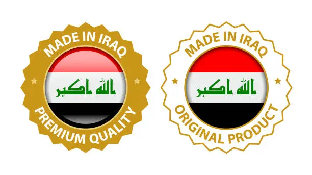 Vector illustration of Made in Iraq. Vector Premium Quality and Original Product Stamp. Glossy Icon with National Flag. Seal Template