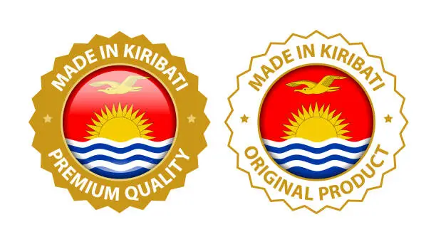 Vector illustration of Made in Kiribati. Vector Premium Quality and Original Product Stamp. Glossy Icon with National Flag. Seal Template