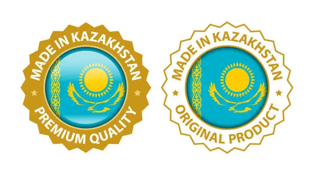 Vector illustration of Made in Kazakhstan. Vector Premium Quality and Original Product Stamp. Glossy Icon with National Flag. Seal Template