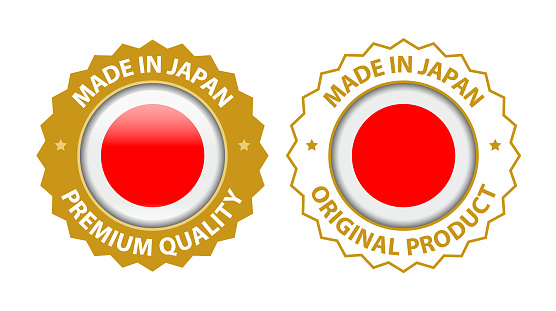 Made in Japan. Vector Premium Quality and Original Product Stamp. Glossy Icon with National Flag. Seal Template