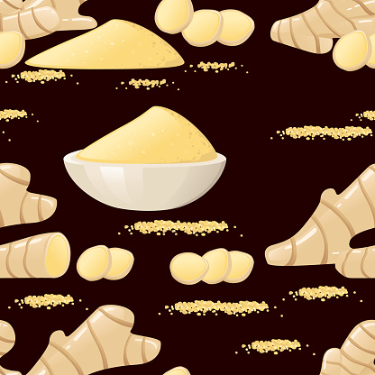 Seamless pattern of Ginger seasoning with whole and milled powder Ginger vector illustration