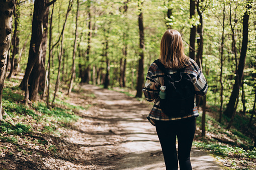 Rear view of young woman with casual outfit, wears a black backpack walking in the forest. Spring time. 30s Women in sport clothes hiking in forest