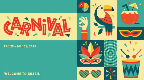 Vector illustration of Happy Carnival, colorful geometric design. Rio Carnival poster in retro style with mask, garland, toucan, drum, cocktail glass. Vector template with Party Elements. Brazilian Rhythm, Dance and Music