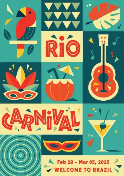 Vector illustration of Happy Carnival, colorful geometric design. Rio Carnival poster in retro style with mask, garland, toucan, drum, cocktail glass. Vector template with Party Elements. Brazilian Rhythm, Dance and Music