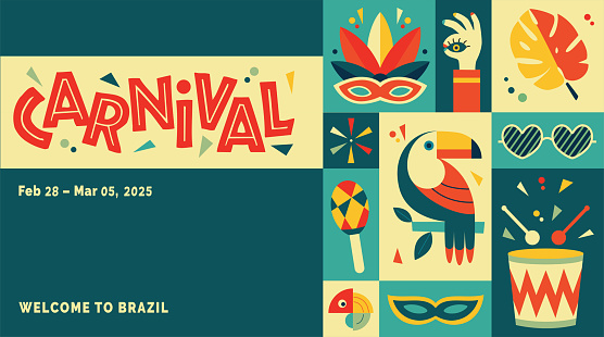 Happy Carnival, colorful geometric design. Rio Carnival poster in retro style with mask, garland, toucan, drum, cocktail glass. Vector template with Party Elements. Brazilian Rhythm, Dance and Music.