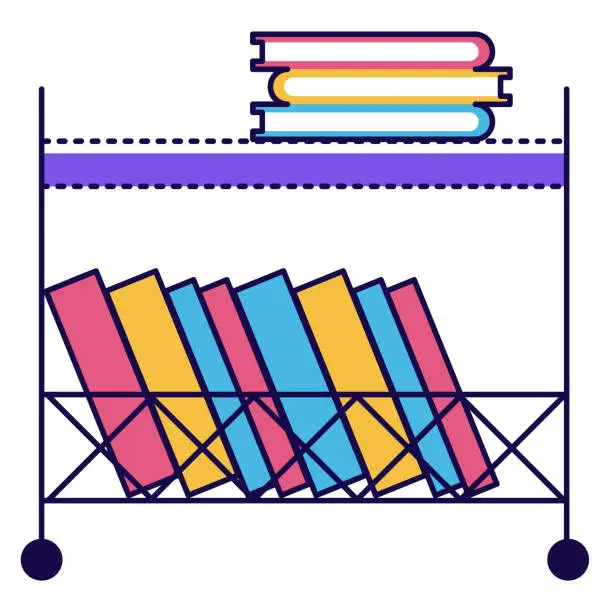Vector illustration of Colorful books on a mobile trolley shelf, blue, pink, yellow, education concept. Organization and reading decor vector illustration