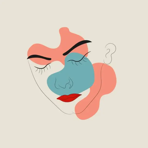 Vector illustration of Beautiful girl and face with red lipstick