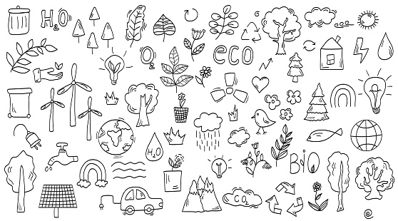 doodles on the theme of ecology, drawn elements for environment day