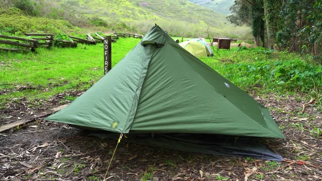 Ultralight Trekking Pole Tent and Campsite in Northern California