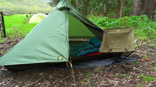 Trekking Pole Tent and Campsite with Chair and Sleeping Bag