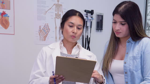 Doctor explains medical test results to teenage patient