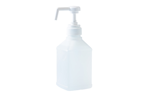 Alcohol spray bottle for hand disinfection on white background.