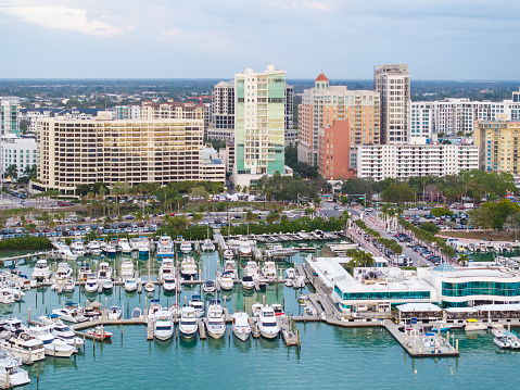 Sarasota Marina and Skyline drone angle view.