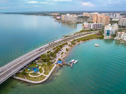 Bridge over Sarasota Bay with Skyline from a drone point of view.