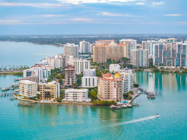 Sarasota Skyline and bay with boat.