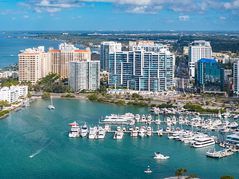 Sarasota Marina and Skyline drone angle view.