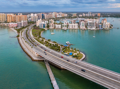 Bridge over Sarasota Bay with Skyline from a drone point of view.