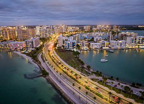 Bridge over Sarasota Bay with Skyline from a drone point of view.