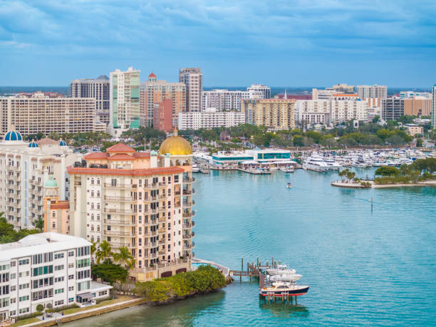 Sarasota Marina and Skyline drone angle view.
