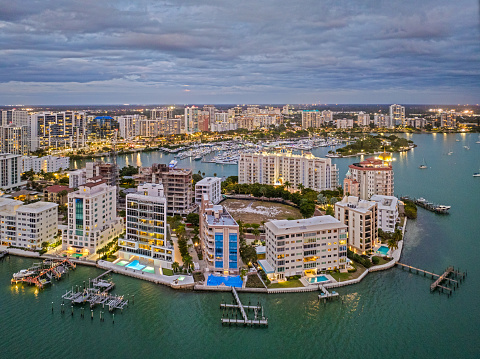 Sarasota Skyline at night from drone point of view.