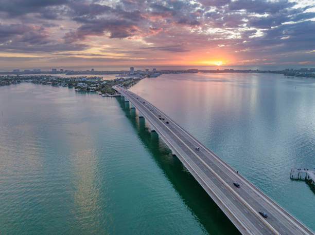 Bridge over Sarasota Bay at sunset from a drone point of view.